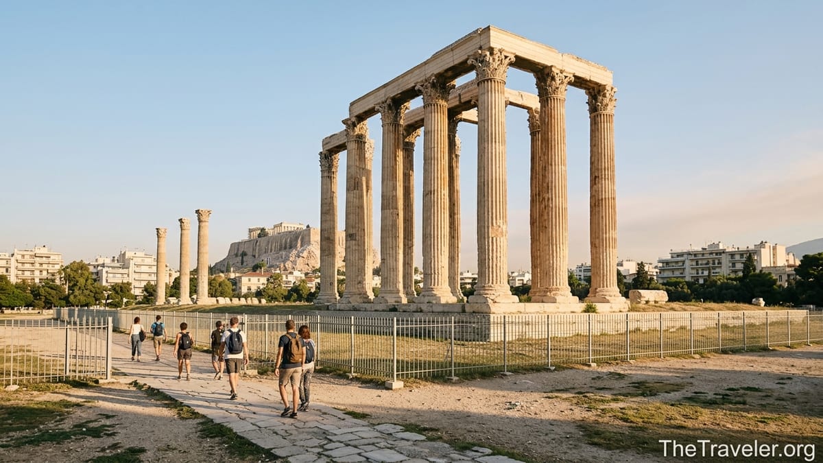 Early morning visitors walking toward the Temple of Olympian Zeus columns in Athens under soft golden light.