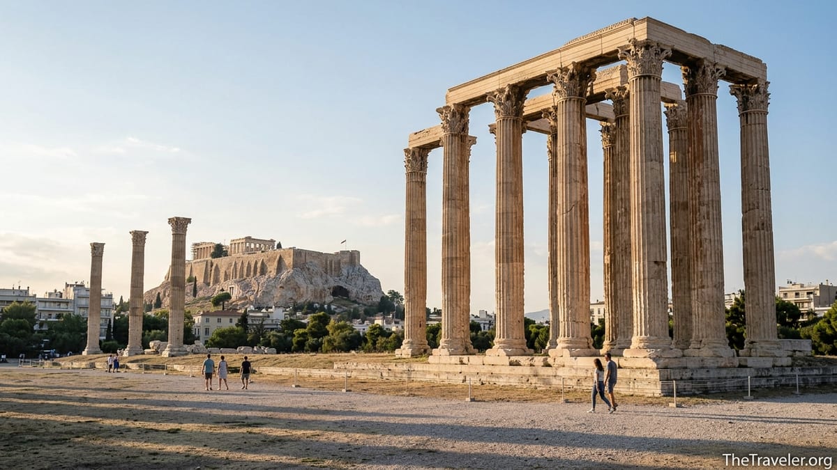 Temple of Olympian Zeus columns with the Acropolis in the background on a sunny afternoon.