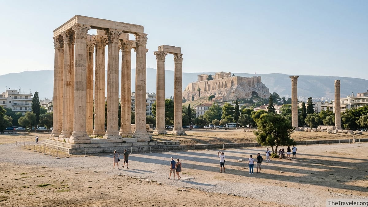 Late afternoon view of the Temple of Olympian Zeus in Athens with visitors walking among the columns.