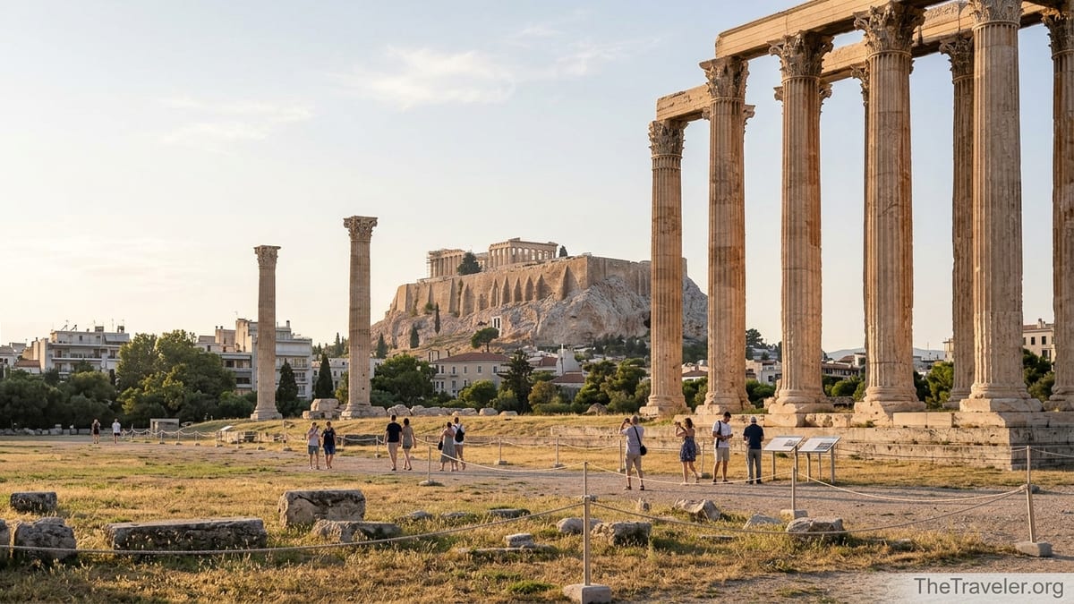 View of the Temple of Olympian Zeus columns with the Acropolis on a hill behind in late afternoon light.