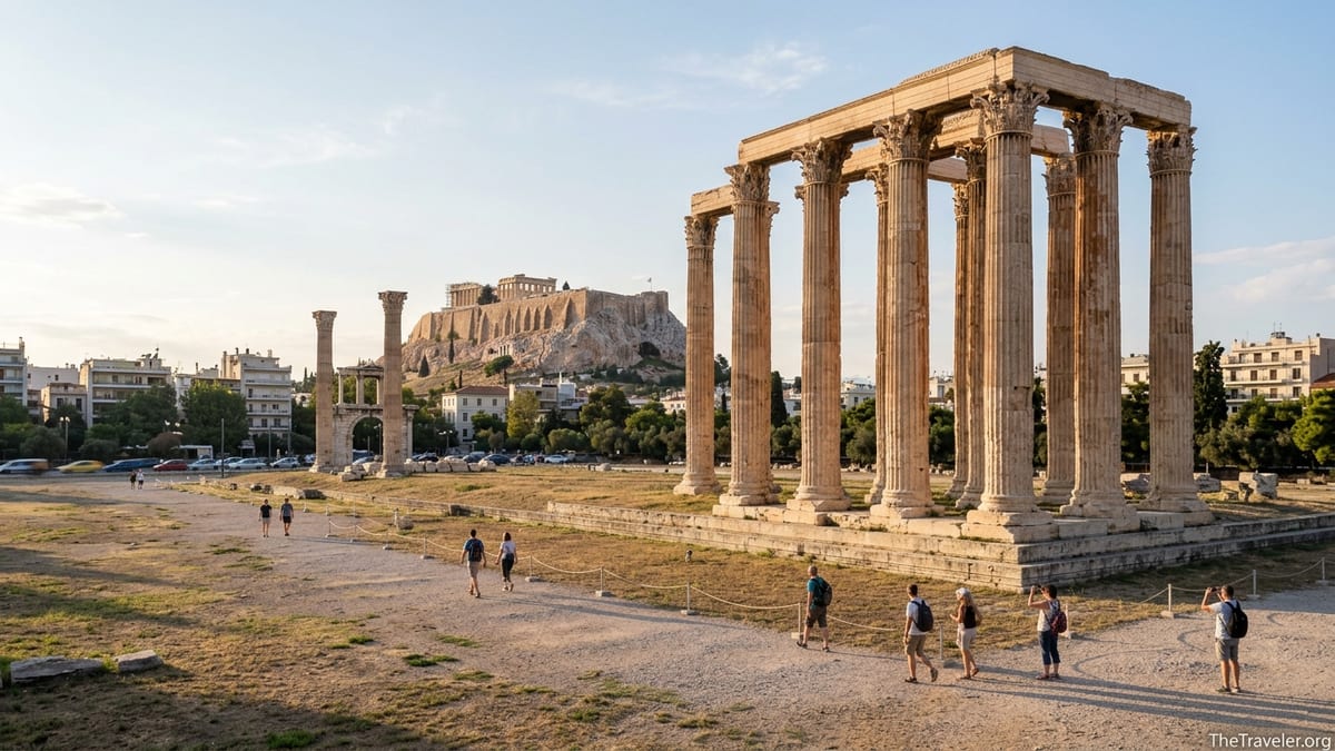 Temple of Olympian Zeus columns with the Acropolis in the background on a sunny afternoon.