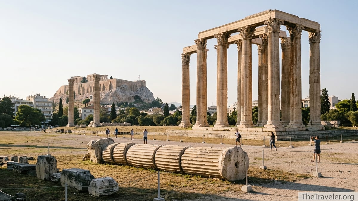 Temple of Olympian Zeus columns in Athens with the Acropolis in the background at sunset.