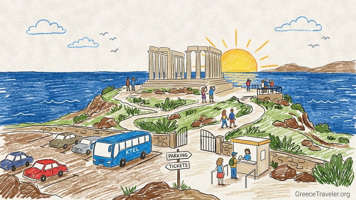 Temple of Poseidon at Cape Sounion glowing in golden-hour light above the Aegean Sea before sunset.