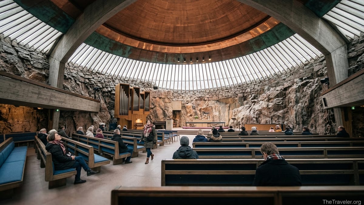 Interior of Temppeliaukio Rock Church in Helsinki with visitors seated under its copper dome and rock walls.