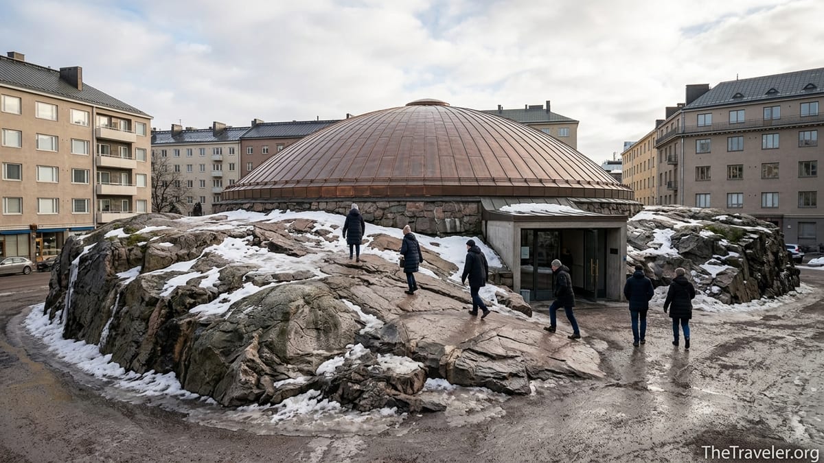 Aerial view of Helsinki’s Temppeliaukio Rock Church with its copper dome set into natural granite surrounded by city streets.
