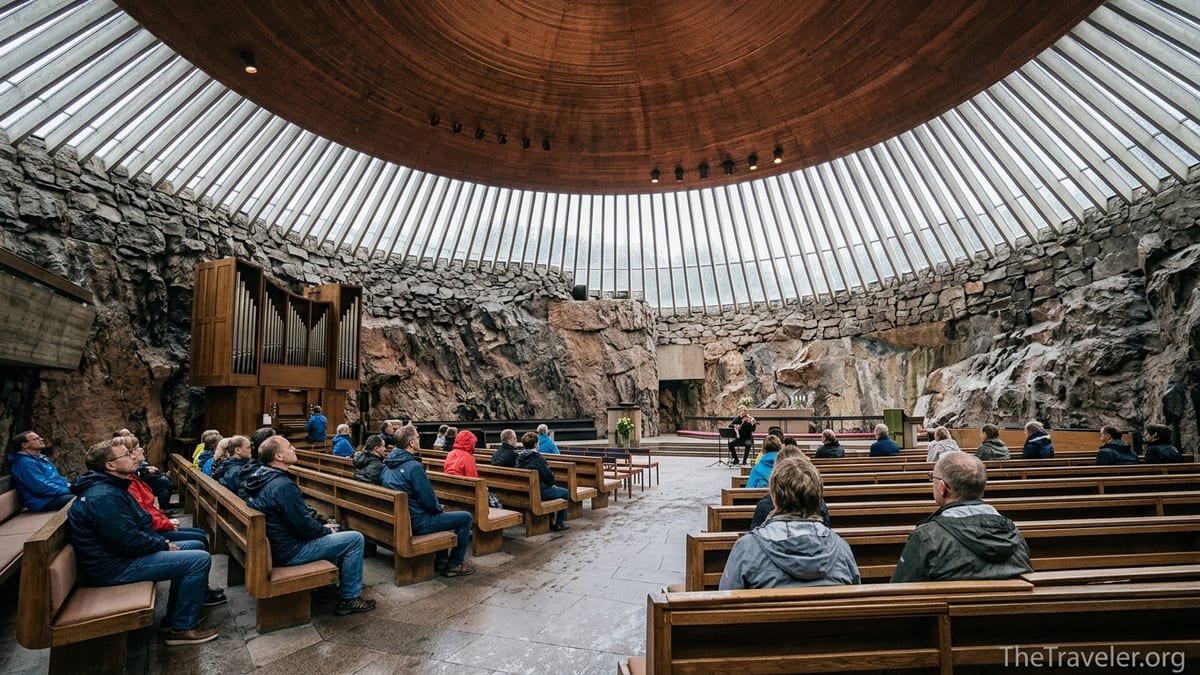 Interior of Helsinki’s Temppeliaukio Rock Church with visitors seated under the copper dome on a rainy day.