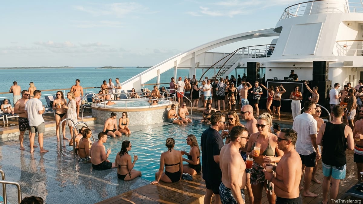 Adults socializing around a topless-optional pool on a Temptation Caribbean Cruise ship at sunset.