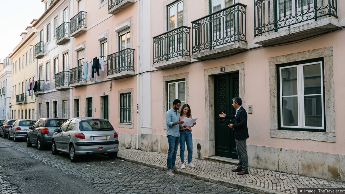 Couple reviewing a rental contract with a landlord outside Lisbon apartments.