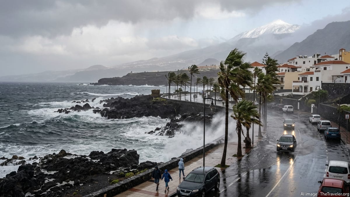 Stormy seas and wet seafront road on Tenerife with waves, clouds and Mount Teide under snow.