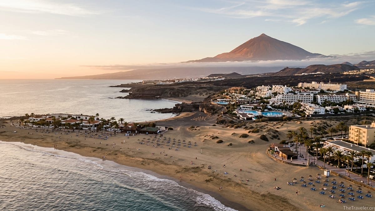 Aerial view of Canary Island beaches and volcanic coast at golden hour with Mount Teide in the distance.