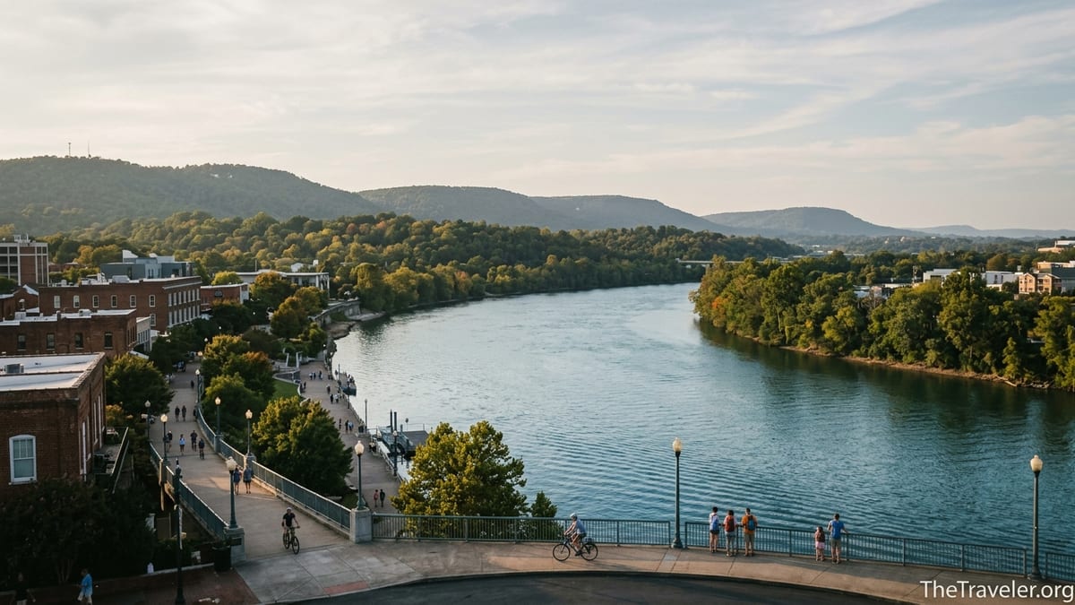 Aerial view of Chattanooga’s riverfront and Lookout Mountain on a clear autumn afternoon.