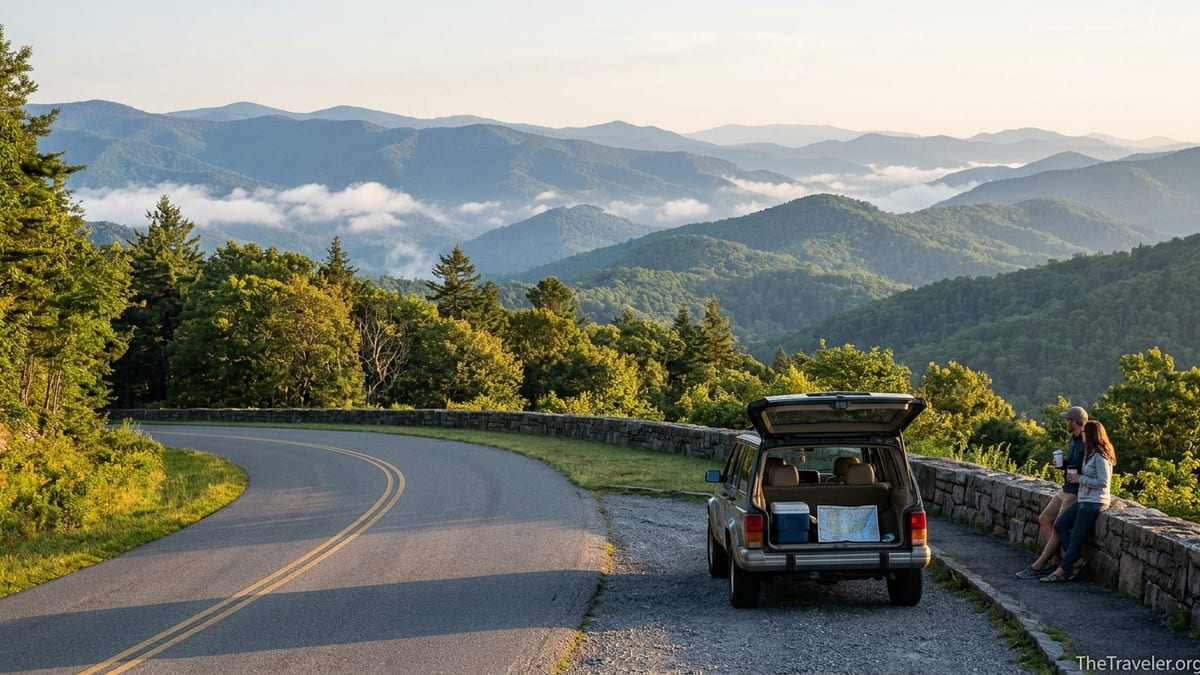 Foothills Parkway overlook at sunrise with car, couple and Smoky Mountain ridges