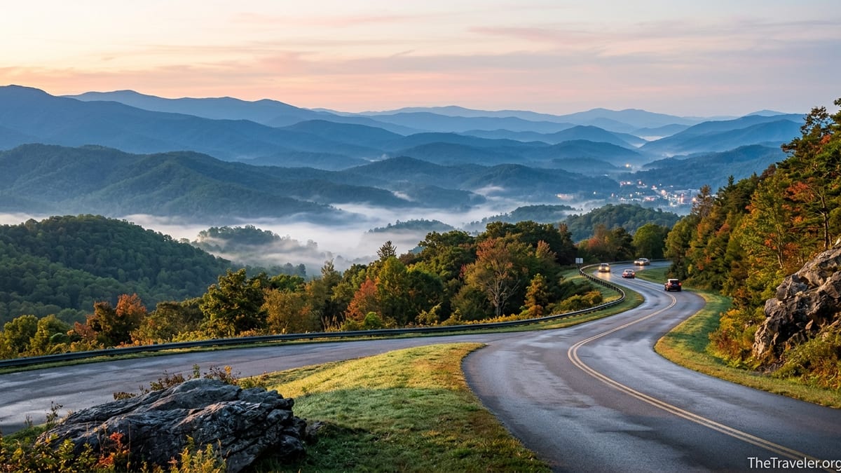 Scenic Tennessee mountain road at sunrise with fog filled valleys and layered ridges.