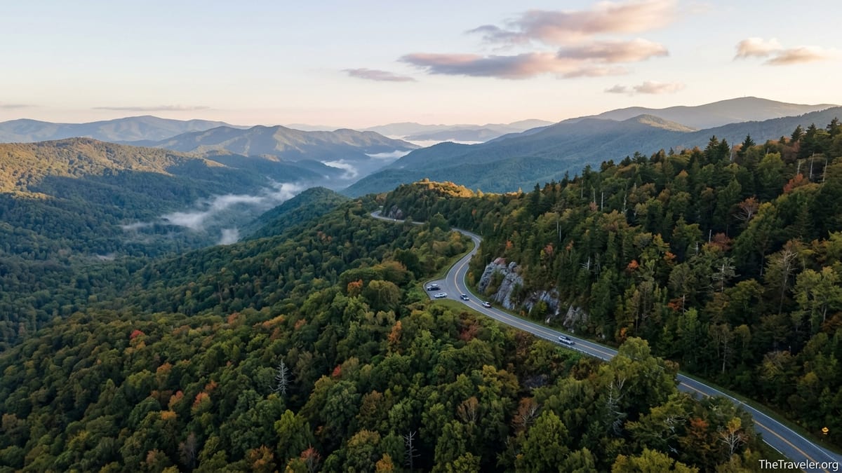 Aerial view of Smoky Mountain ridges at sunset with a winding road along the Tennessee North Carolina border.