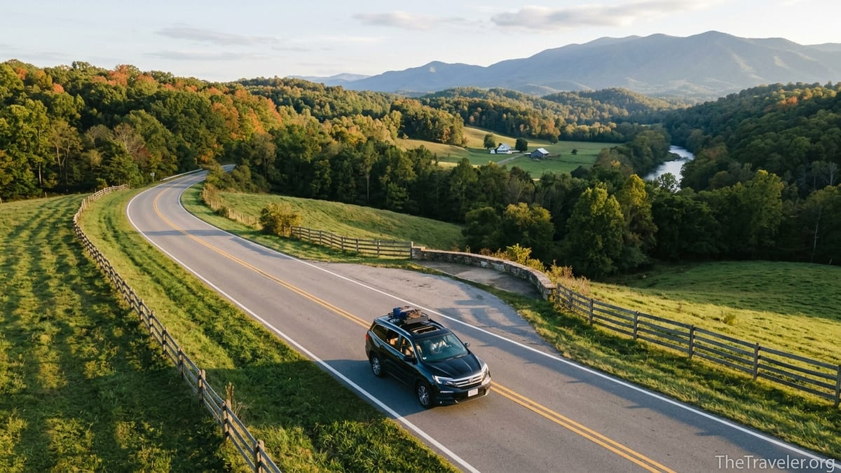 Car driving a winding Tennessee highway through autumn hills and forest