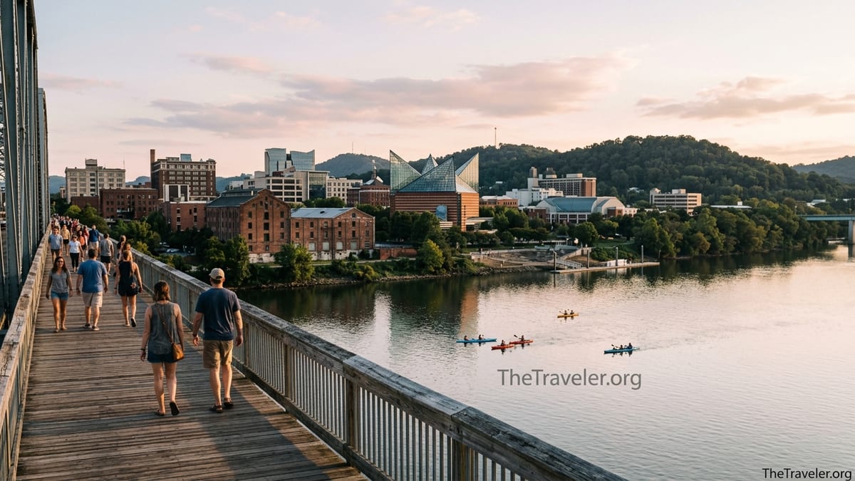 Chattanooga riverfront at golden hour viewed from a pedestrian bridge with hills in the distance.