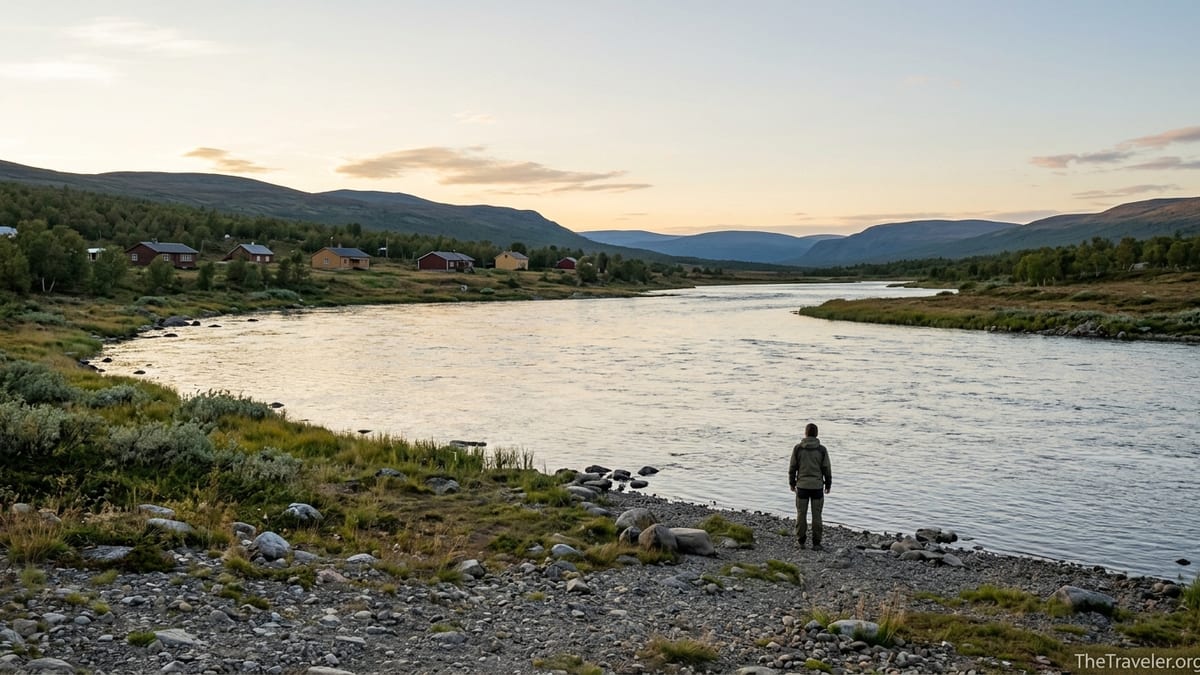 Quiet August evening on the Teno River in Utsjoki, with soft light over calm water and low fells on the Norway–Finland border