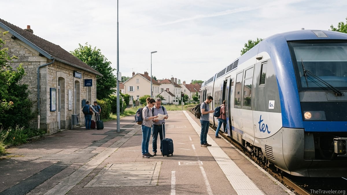 Travelers boarding a blue and white TER regional train at a small French station