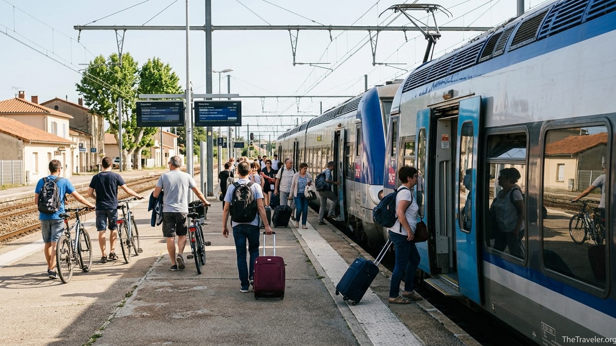 Passengers boarding a modern SNCF TER regional train at a small-town station in France.