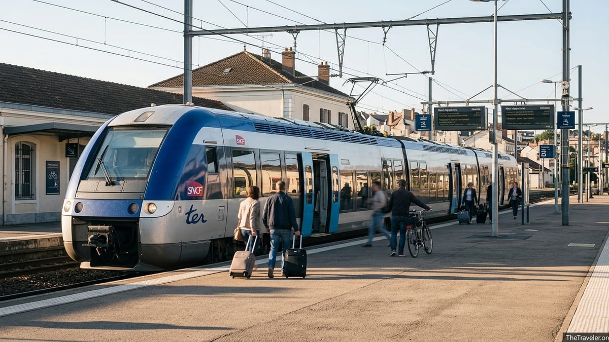 Travelers boarding a modern French TER regional train at a small sunny station