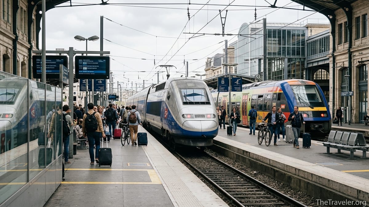French TGV and TER trains side by side at a busy station platform with travelers.