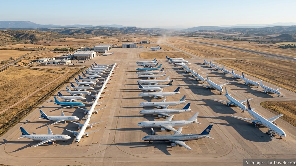 Aerial view of rows of stored commercial jets parked on Teruel Airport’s dry plateau in eastern Spain.