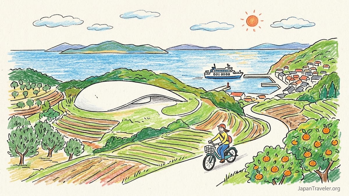 Cyclist on an e-bike overlooking Teshima Art Museum and the Seto Inland Sea from a quiet hillside road.
