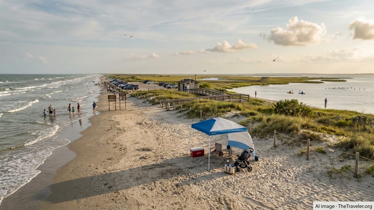Texas family enjoying a beach day at Galveston Island State Park.