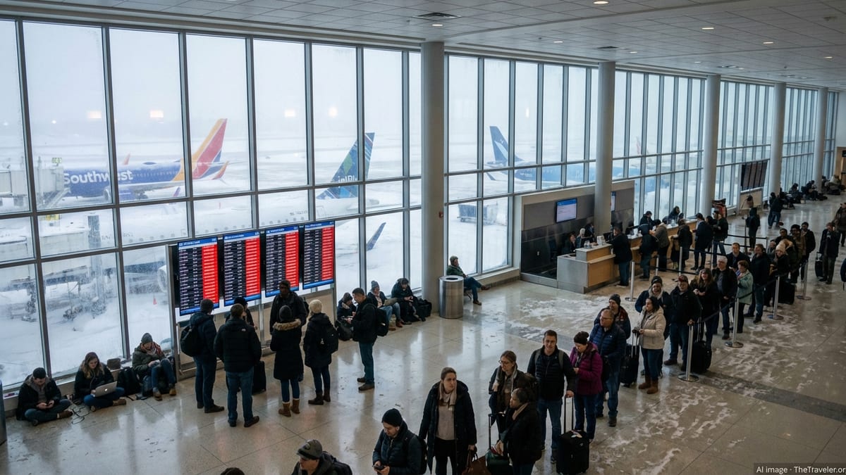 Crowded terminal at Rhode Island T.F. Green Airport as snowstorm grounds flights and screens show cancellations.