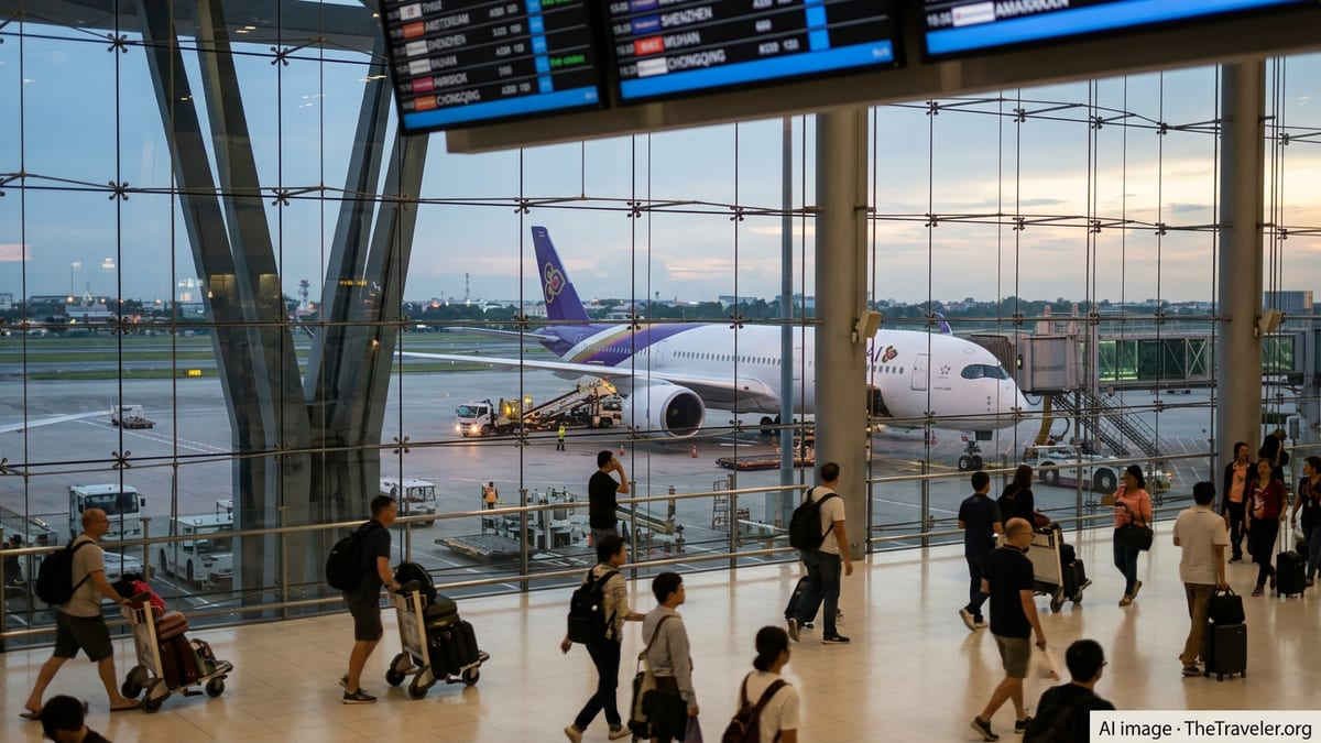 Thai Airways aircraft at Bangkok Suvarnabhumi gate with passengers walking toward departures.