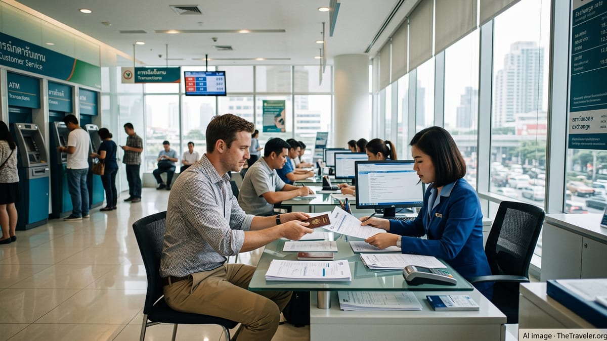 Foreign customer opening a bank account inside a modern bank branch in Bangkok.