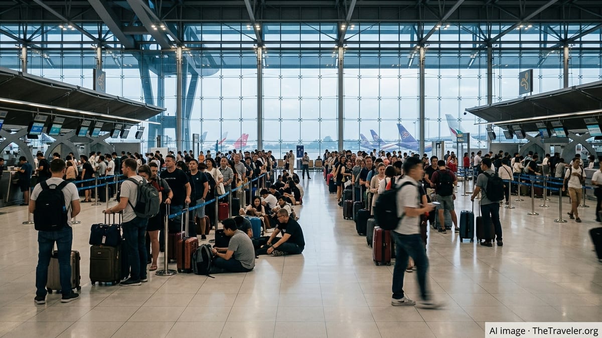 Crowded check-in and immigration lines at Bangkok Suvarnabhumi Airport during a busy travel morning.