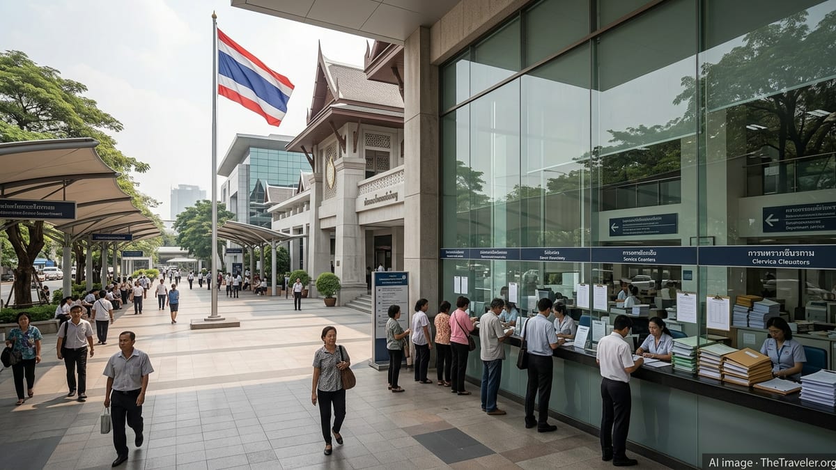 People outside a modern government office complex in Bangkok navigating administrative services.