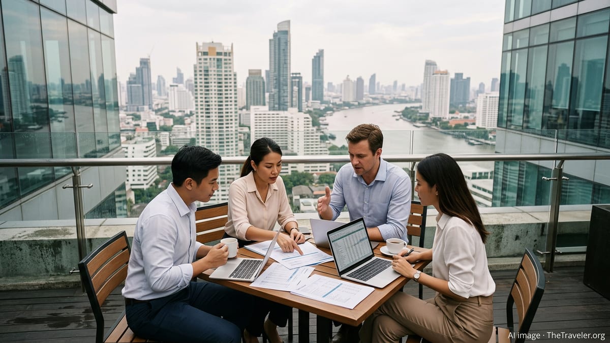 Entrepreneurs reviewing tax documents on a rooftop in Bangkok’s business district.