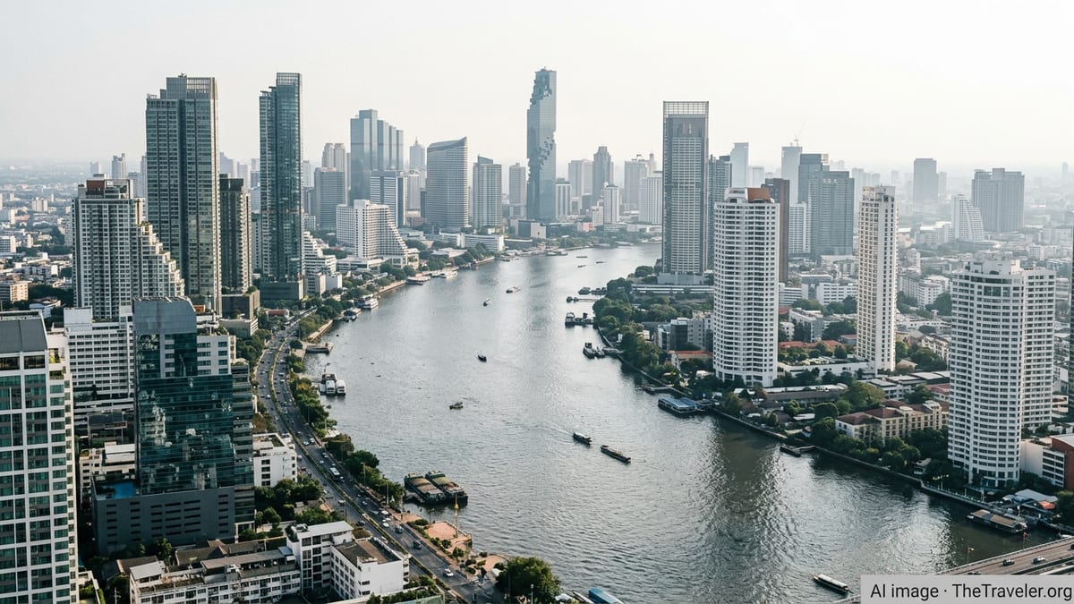 Bangkok financial district skyline with modern towers along the river in daylight