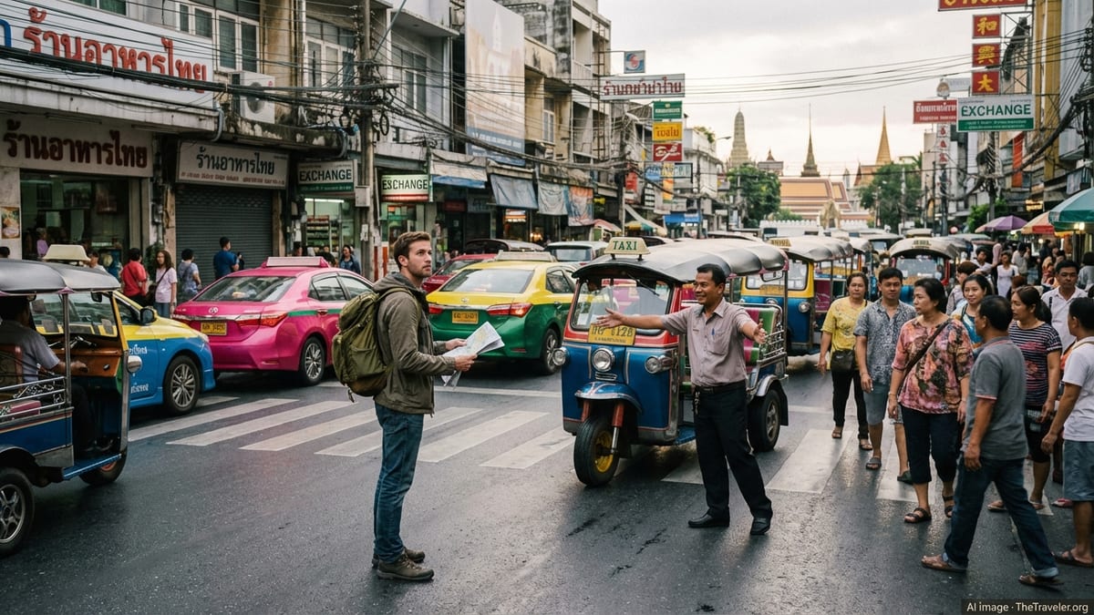 Traveler at a Bangkok intersection surrounded by tuk tuks and taxis, staying alert.