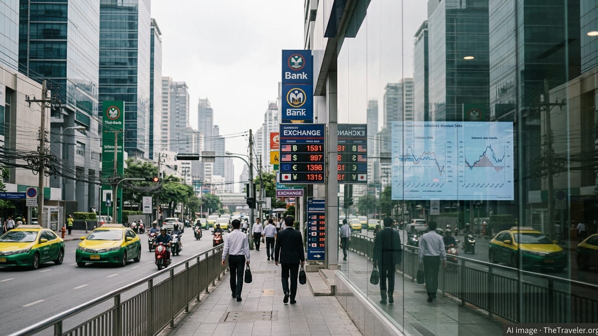 Bangkok financial district street with currency exchange boards and office towers