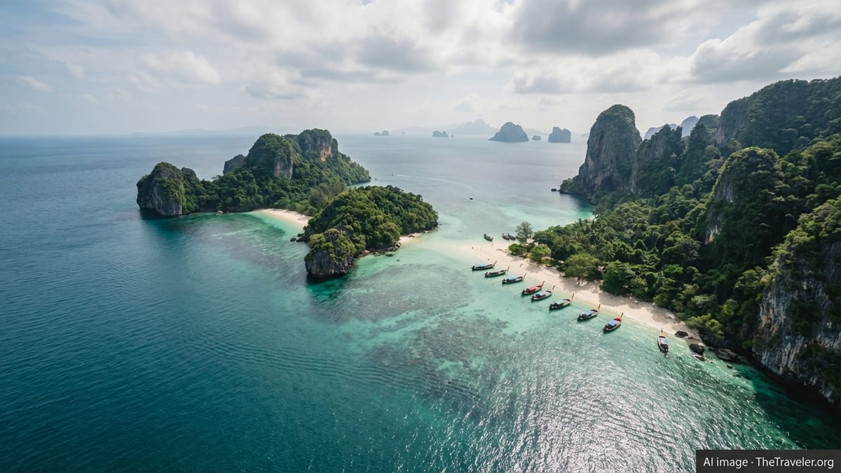 Aerial view of Thai limestone islands, turquoise sea and long-tail boats in a calm lagoon.