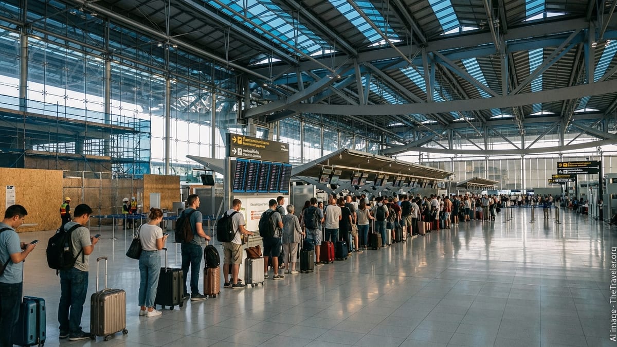 Passengers queue at Suvarnabhumi Airport check in counters under a vast glass and steel roof.