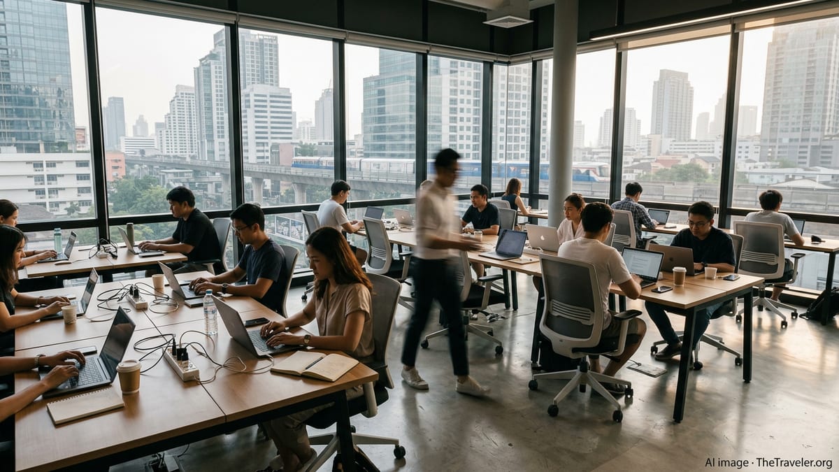Digital nomads working on laptops in a Bangkok coworking space with city skyline view.