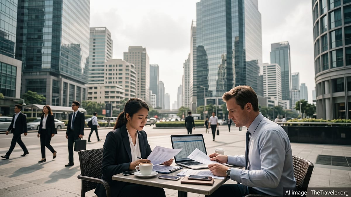 Two professionals in Bangkok reviewing tax documents with city office towers behind them.