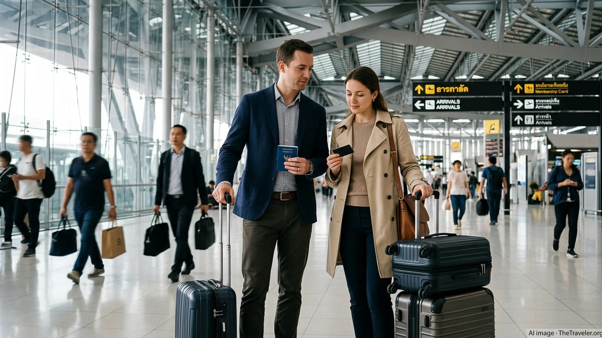 International couple at Bangkok airport arrivals hall holding documents for Thailand Elite Visa.
