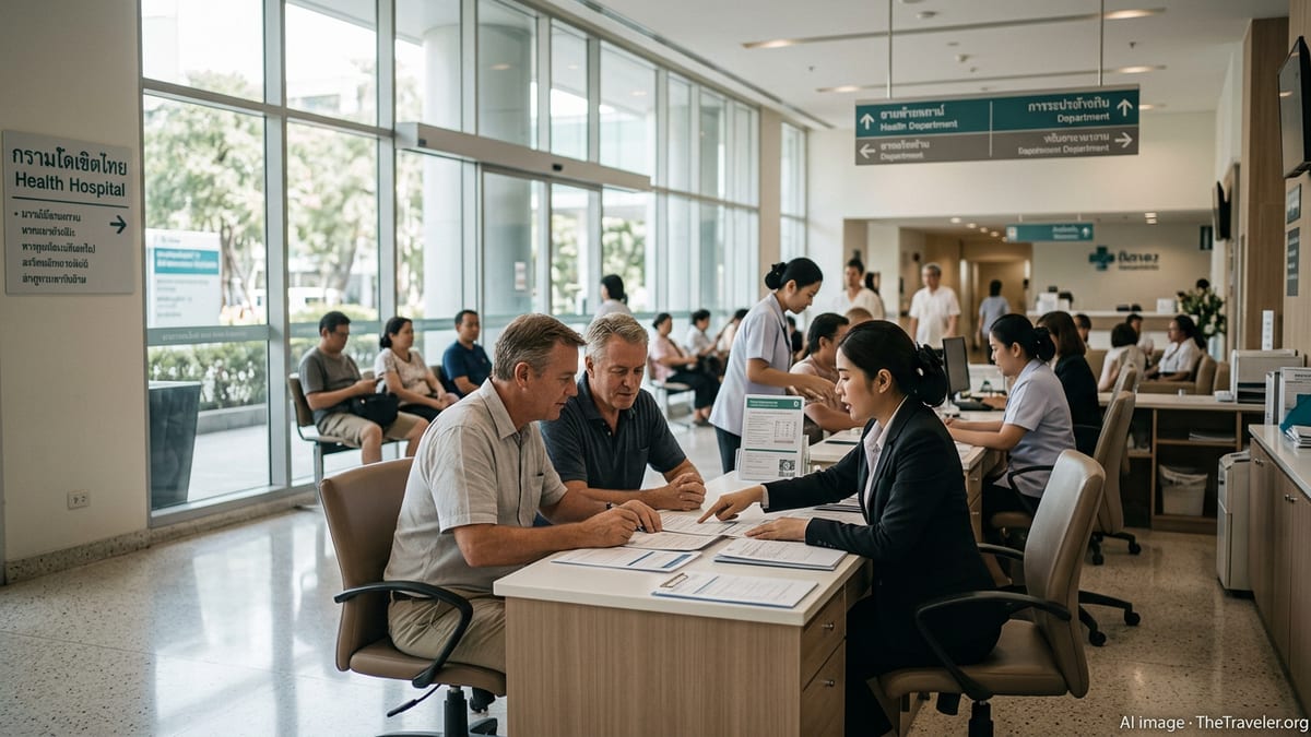 Foreign couple discusses health insurance at a modern private hospital in Thailand