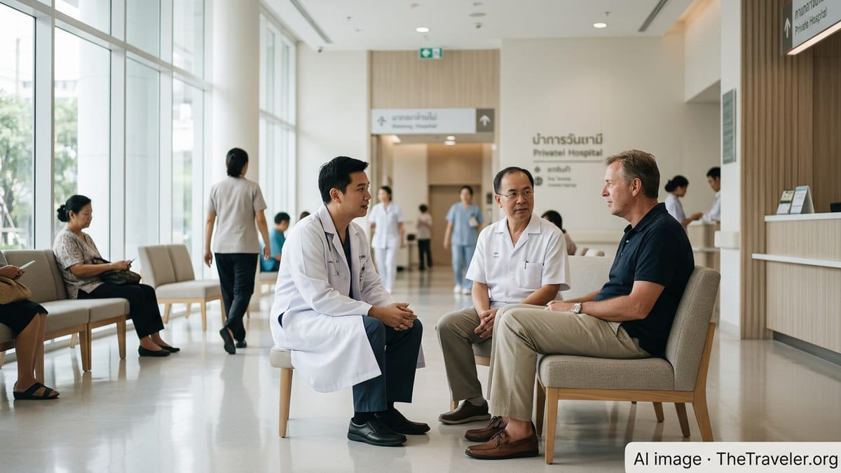Thai doctor consulting with foreign expat in a modern Bangkok hospital waiting area.