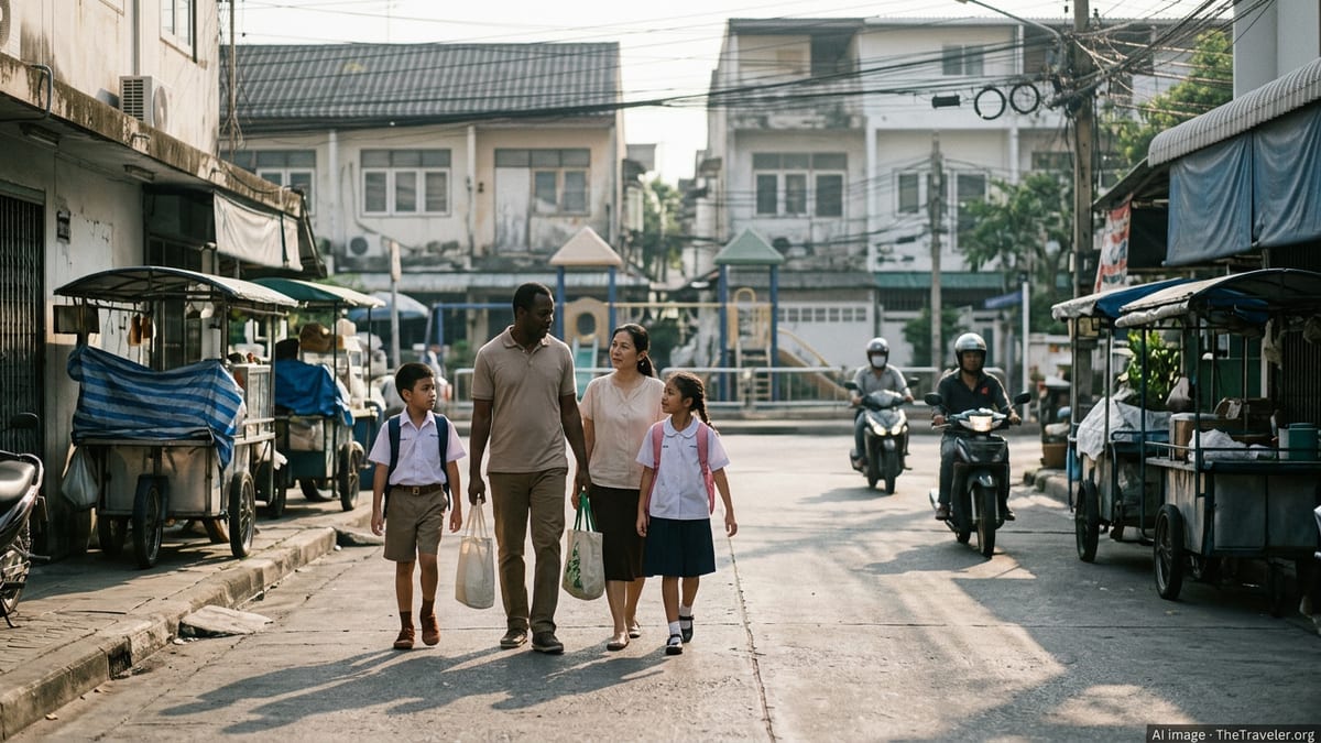 Family with school-age children walking on a Bangkok residential street on a hazy morning.