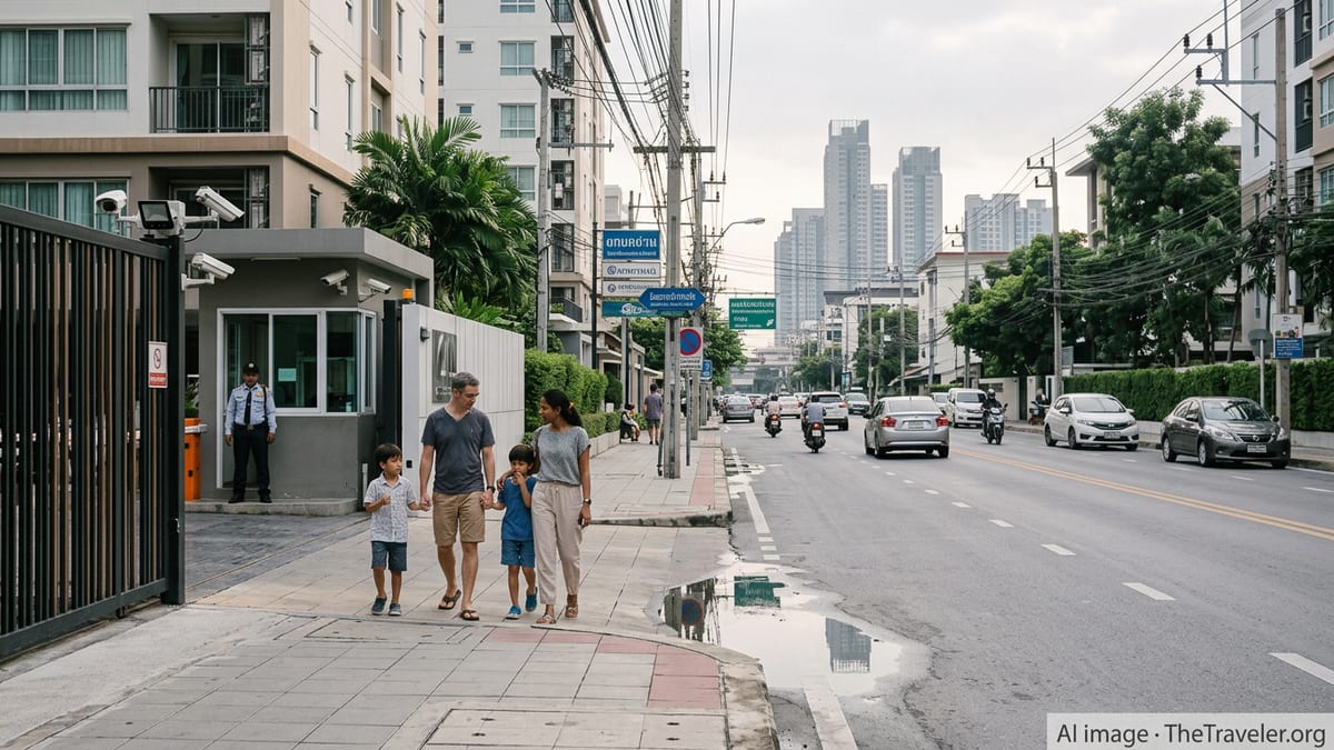 Family with children walking past a gated condominium on a busy residential street in Bangkok.
