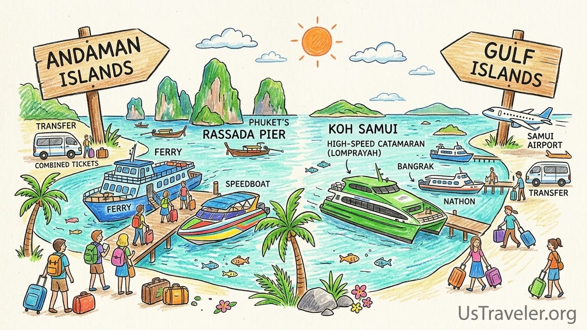Travelers board ferries at a Thai island pier with luggage, as a catamaran and ferry depart for nearby islands.