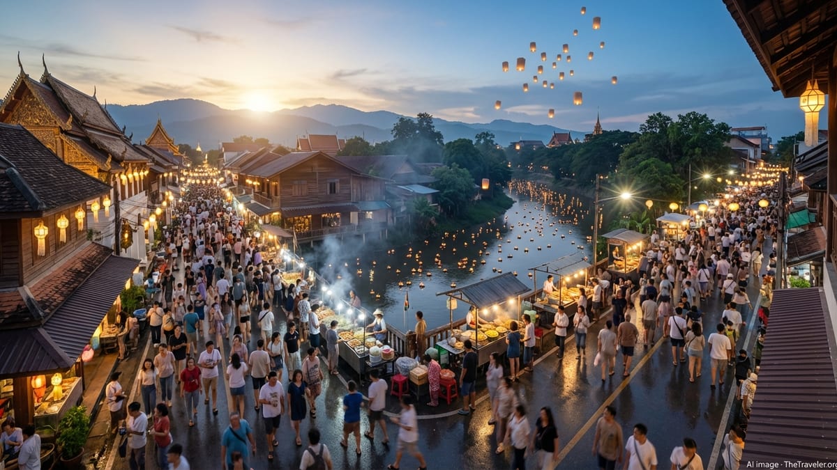 Crowds celebrating a lantern and river festival at dusk in northern Thailand.