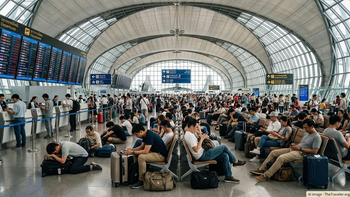Stranded passengers waiting with luggage in a crowded hall at Bangkok Suvarnabhumi Airport.