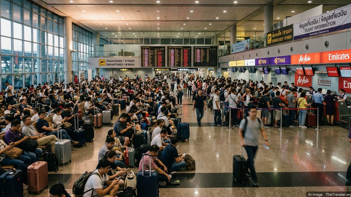 Crowded Bangkok airport departure hall with stranded passengers and delay boards.
